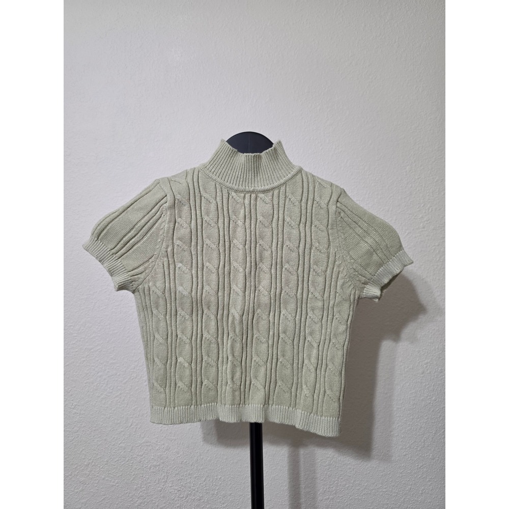 SHEIN Sage Green Cable Knit Mock Neck Short Sleeve Sweater Top Small